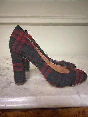J. Crew Factory Red and Black Tartan Plaid Block Heel Pumps Size 6.5